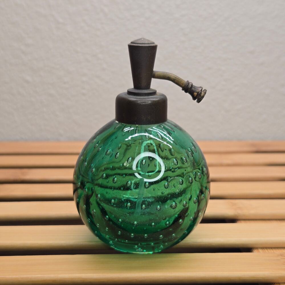 Antique Art Deco Emerald Green Bubble Glass Perfume Atomizer Hand Blown